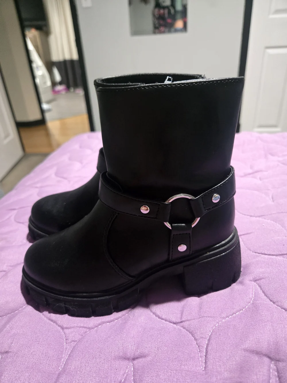 Black Kids's Chunky Heel Motorcycle Boots
